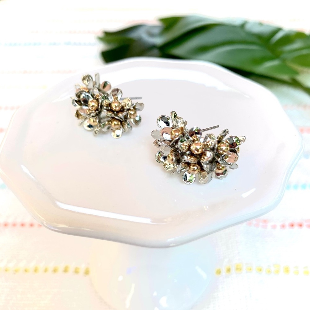 Silver with Gold Flower Huggie Hoop Earrings | NWT | Lightweight | Floral Hoops